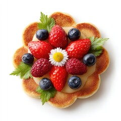 Obraz premium Vibrant Fruit Tartlet with Strawberries, Blueberries, Raspberries, and Edible Flower Garnish on a Creamy Base