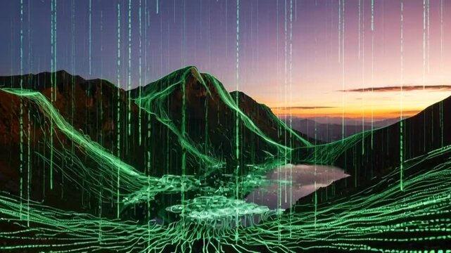 Digital rain on mountain landscape at dusk.