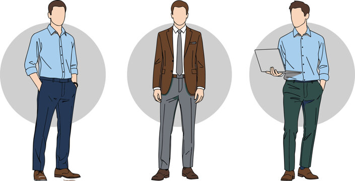 Business men character illustration set, professional male office workers, modern corporate fashion, faceless people, flat vector design, isolated background