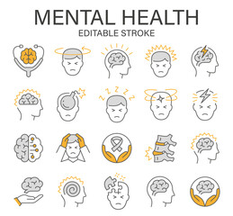 Mental health and stress awareness icons collection. Representing anxiety, depression, headache, burnout, confusion, and emotional support. Vector illustrations. Editable stroke.