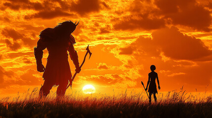 Silhouetted David facing Goliath at sunset, symbolizing courage, faith, triumph over adversity, heroism, and the timeless biblical story of overcoming great challenges.