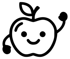 A black and white line art illustration of a cheerful, anthropomorphic apple