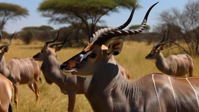 A herd of elegant antelopes gracefully standing in the savanna. Their impressive horns and distinct markings are beautifully captured against the natural landscape. Stock Video