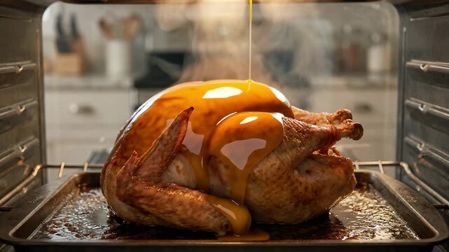 Basting turkey in oven