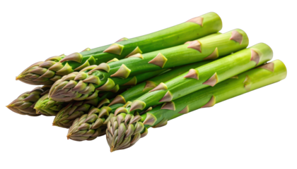 A pile of vibrant green asparagus stalks with purple-tinged tips, isolated on black