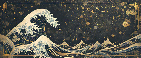 Stunning wave artwork with gold accents and dark mystical background
