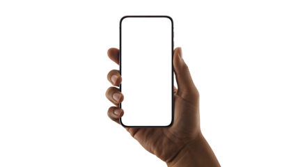Hand holding smartphone with blank screen isolated on white background
