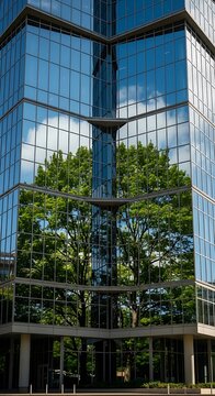 Modern glass facade reflects bright sky and lush green foliage on a sunny day