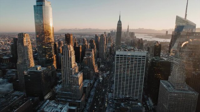冬の澄んだ空気の中ビル群に朝日が反射して輝く都会の朝動画