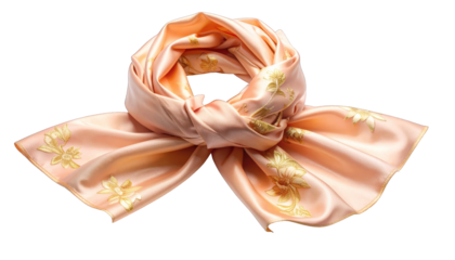 Elegant peach silk scarf with gold floral embroidery, tied in a knot