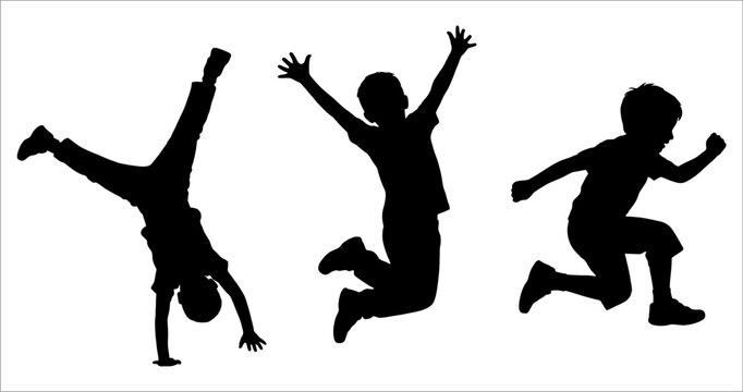 Professional active children silhouettes featuring a boy doing a cartwheel, jumping for joy, and running, designed as scalable vector icons for youth sports, play areas, and educational branding.