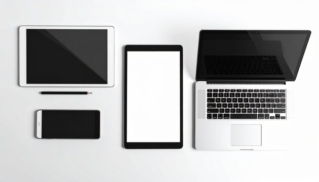 Overhead view of a collection of electronic devices including a laptop, tablet, smartphone, and monitor on a plain white surface.