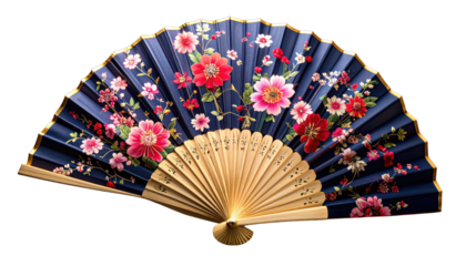 Decorative hand fan with dark blue background and colorful floral design