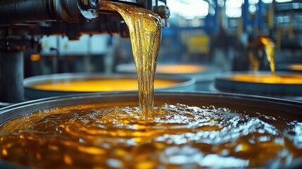 Golden viscous liquid pouring from an industrial spout into large metal vats inside a factory, warm glowing reflections and a dynamic industrious atmosphere