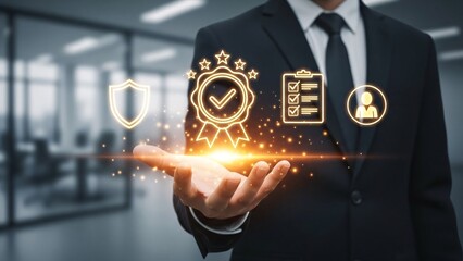 Businessman in formal suit holding digital security icons representing protection trust and data management in modern office environment