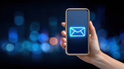 Hand holding smartphone with glowing email icon against blurred city lights, modern communication concept