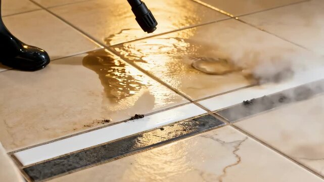 Closeup medium shot of steam cleaning grout lines on tiled flooring showcasing powerful steam removing dirt and restoring grout brightness with ecofriendly technology.