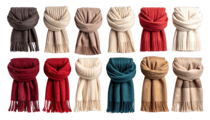Assortment of folded and fringed scarves displayed in various muted colors