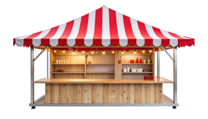 A festive stall with red and white striped canopy, wooden walls, & string lights