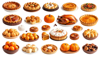 Assorted baked goods, pumpkin, and roasted turkey on a black background