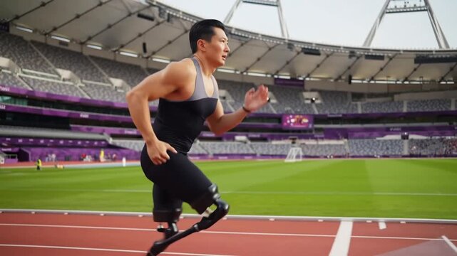 A determined athlete runs with prosthetic leg on a track, showcasing strength and determination Stock Video