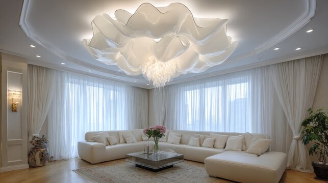 Bright living room with white sectional sofa, floral chandelier, and sheer curtains