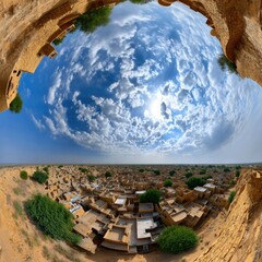 Scenic View of Desert Village Surrounded by Expansive Sky with Dramatic Cloud Formation and Vivid Landscape