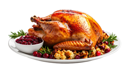 Golden-brown roasted bird on a platter with stuffing, cranberry sauce, and herbs