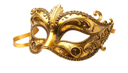 Ornate gold masquerade mask with intricate details and a silk ribbon