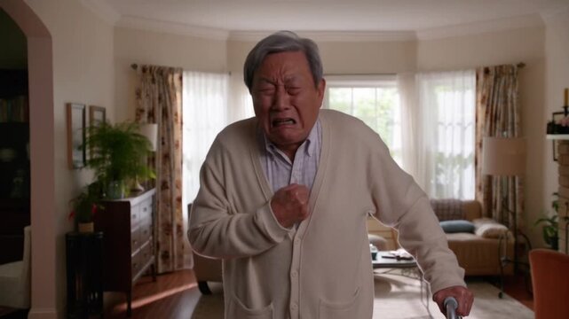 An elderly man experiencing a health crisis in his living room Stock Video