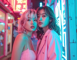 サイバーパンク風のライティングと夜の街角に立つ二人の美女