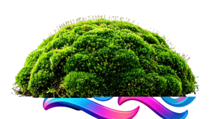 Lush green moss mound against a transparent backdrop, with colorful stylized flourish
