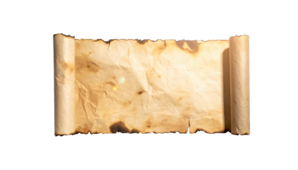 Aged parchment scroll, burned edges, crumpled surface, isolated on black