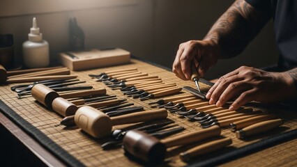 Craftsman working with leather crafting tools.