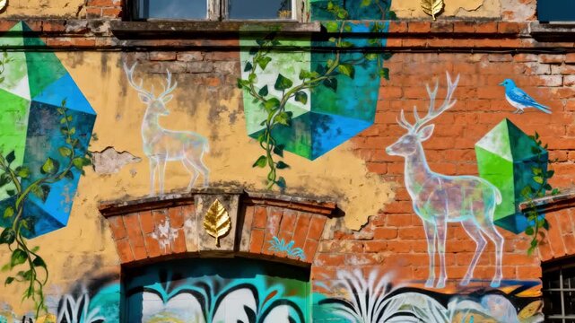 Artistic expression captured on a textured brick fa&ccedil;ade with layered murals blending natural and surreal themes