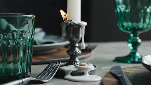 Elegant Table Setting With Candlelight And Emerald Green Glassware Still Life Video