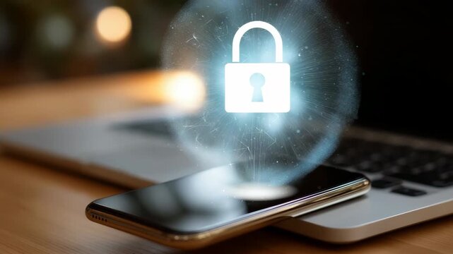 Securing digital assets: smartphone and laptop cybersecurity concept with lock icon