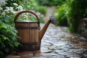 An old-fashioned wooden watering can set upon a stone path in the garden