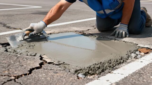 Closeup in medium shot of a technician applying fresh concrete patches over damaged pavement areas to restore the parking surface.