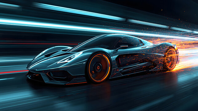 Futuristic hypercar speeding through a vibrant neon tunnel emphasizing motion and technology