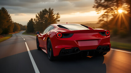 Fototapeta premium Dynamic red high-performance car speeding along a picturesque winding highway