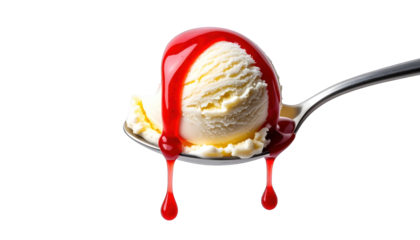 A scoop of vanilla dessert on a spoon, drizzled with bright red berry sauce