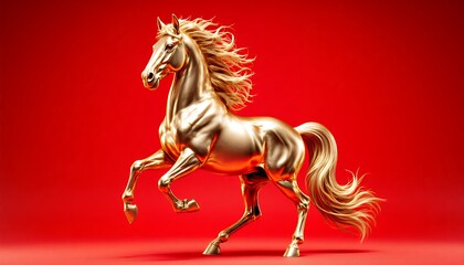 Majestic Golden Horse Sculpture on Red Background Display