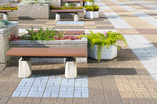 Modern urban public square with wooden benches and concrete planters on patterned stone pavement. Landscaped city plaza for outdoor relaxation in bright sunny daylight. High quality street furniture.