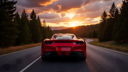 Fototapeta premium Vibrant performance vehicle travels a winding road through stunning scenery at dusk