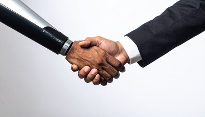 Close-up of a human hand shaking a robotic hand against a plain white background with a focus on technology and business.