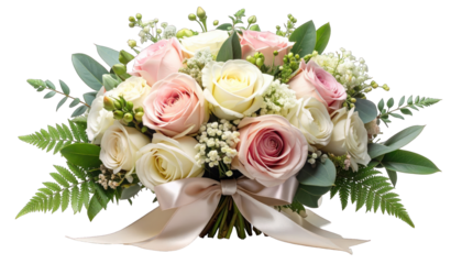 Elegant bouquet of white and pink roses tied with ribbon, against black background
