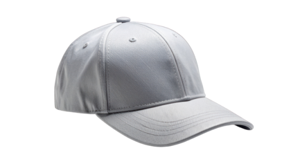 A plain, light grey baseball cap, slightly angled, on a black background