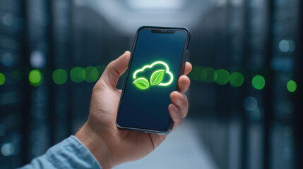 Hand holding smartphone displaying green cloud with leaves icon in data center aisle, eco technology concept