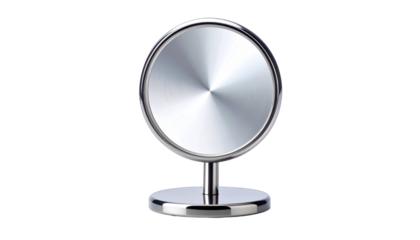 Circular, silver-toned object with a shiny surface, on a small, round base